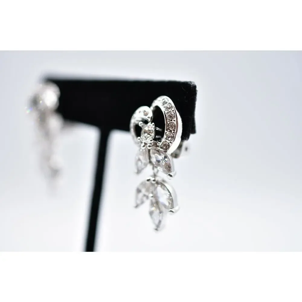 Nolan Miller Vintage Crystal Clip On Earrings Silver Dangle Signed 1990s Bin5